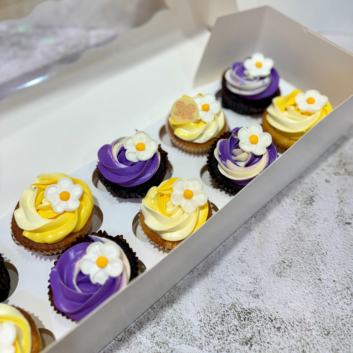 A box of decorated cupcakes with swirls of purple, yellow, and cream frosting, topped with white daisy flowers with yellow centers, set on a textured gray surface.