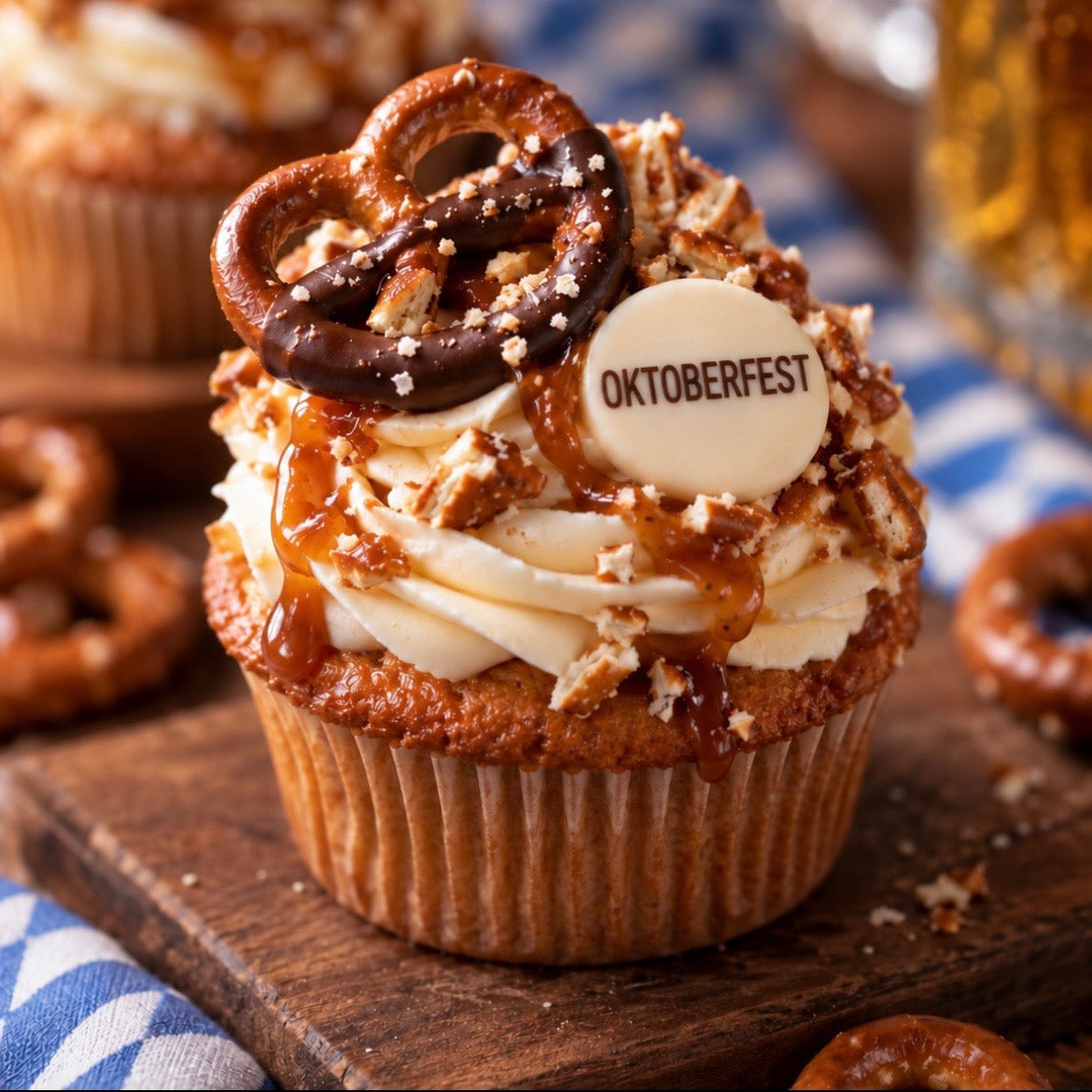 A close-up of a frosted cupcake topped with a pretzel, caramel drizzle, cookie crumbs, and a round white decoration printed with 'OKTOBERFEST'. The cupcake sits on a wooden board with more pretzels and a blue-and-white checkered cloth in the background.